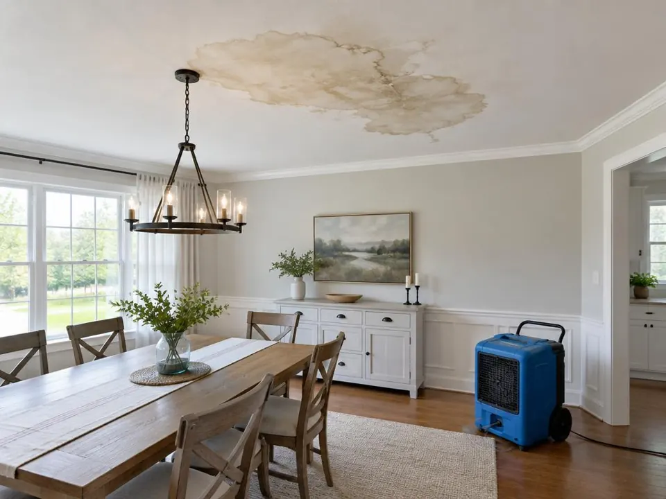 Ceiling stains and interior drying equipment in an illustrative service example
