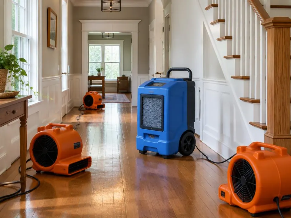Drying equipment in a residential hallway in an illustrative service example