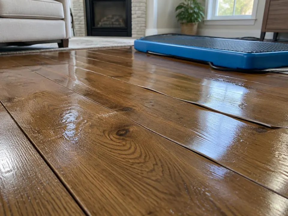 Moisture affected hardwood flooring in an illustrative service example
