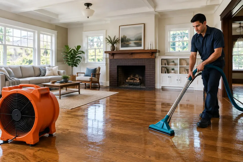 Model demonstrating water extraction on a wet hardwood floor in a home